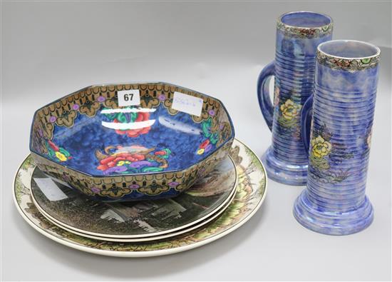 A pair of Royal Bradwell lustre vases, a Losal ware bowl and three Royal Doulton series ware plates